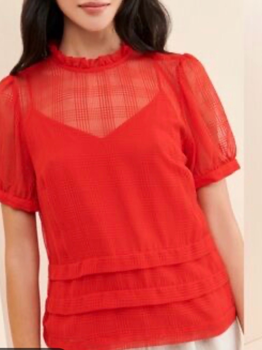 Red Puff-Sleeve Layered Sheer Top -